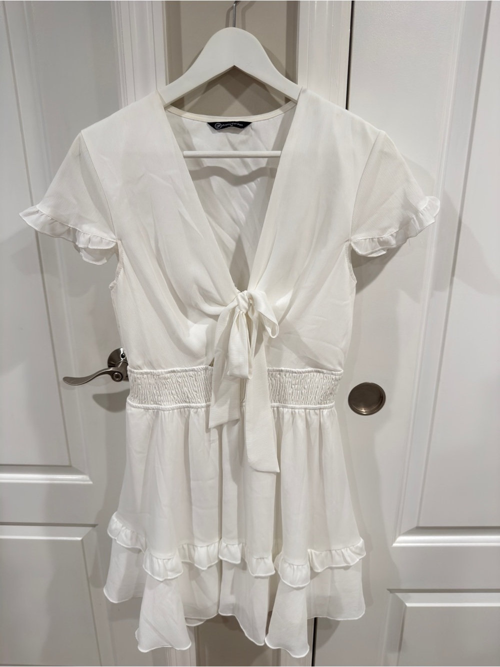 PrettyGarden White Wrap Tie Waist Ruffle Hem Mini Dress Women's Medium